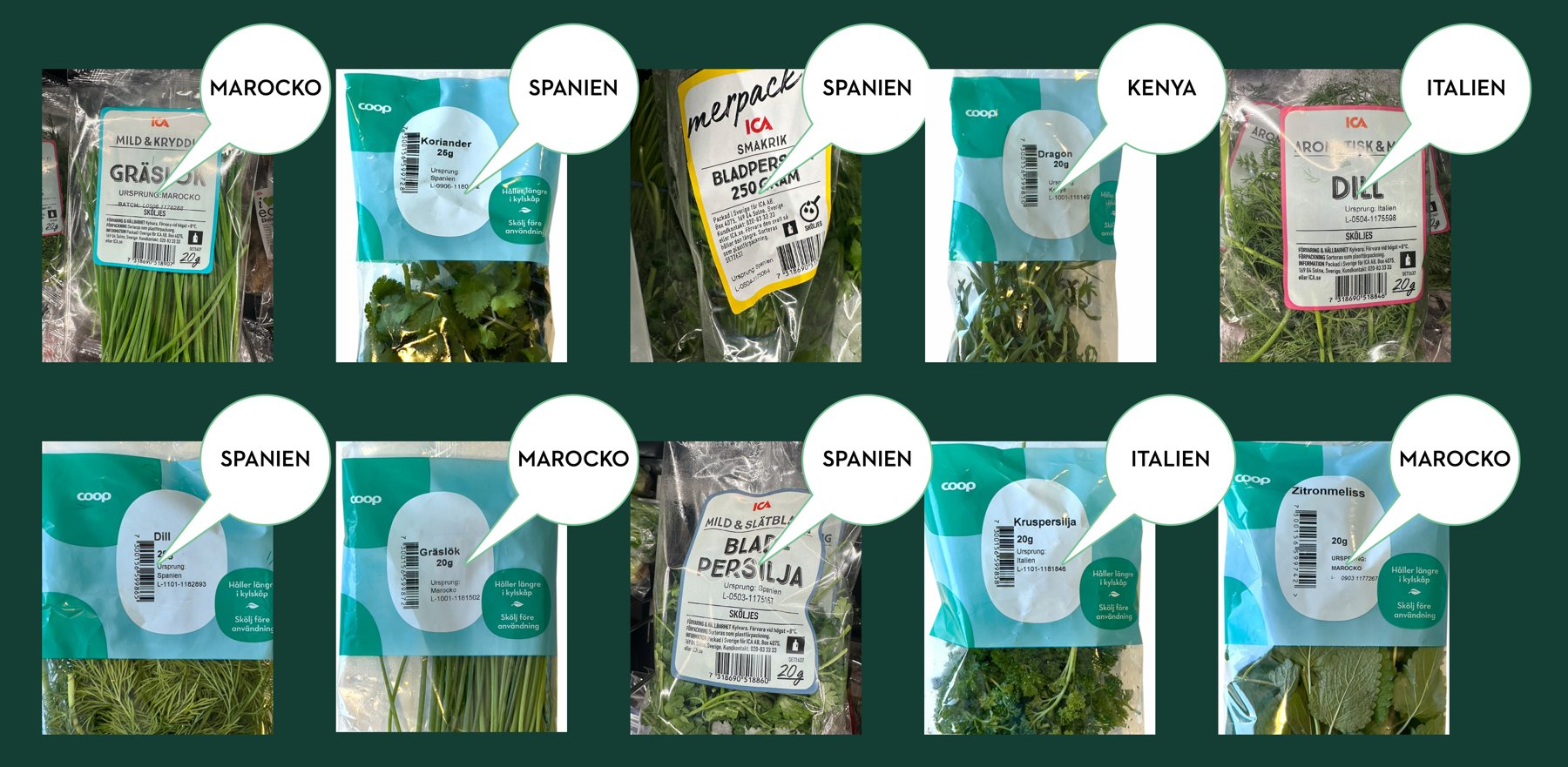 Ten packs of fresh herbs sold in Swedish supermarkets, labelled with countries of origin: Morocco, Spain, Kenya and Italy