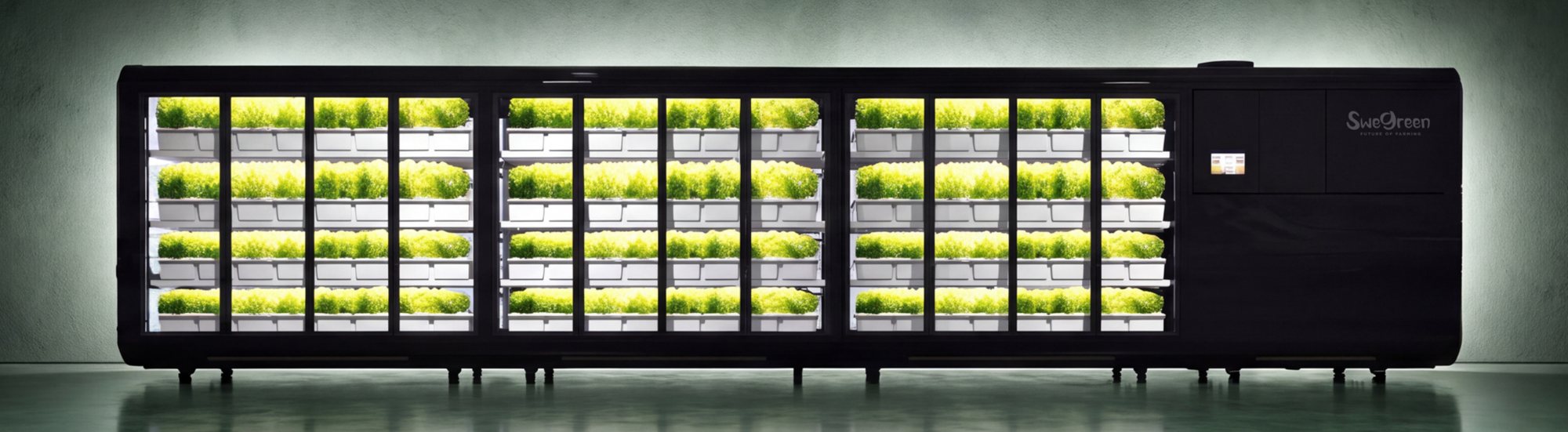 Swegreen Sphere in-store farm with three pods full of lettuce under grow lights