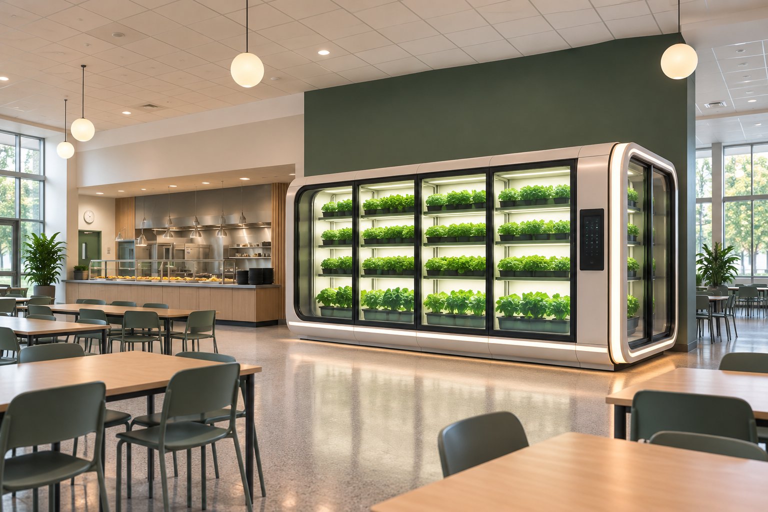 Illustration of a vertical farm with lettuce placed in a school dining hall
